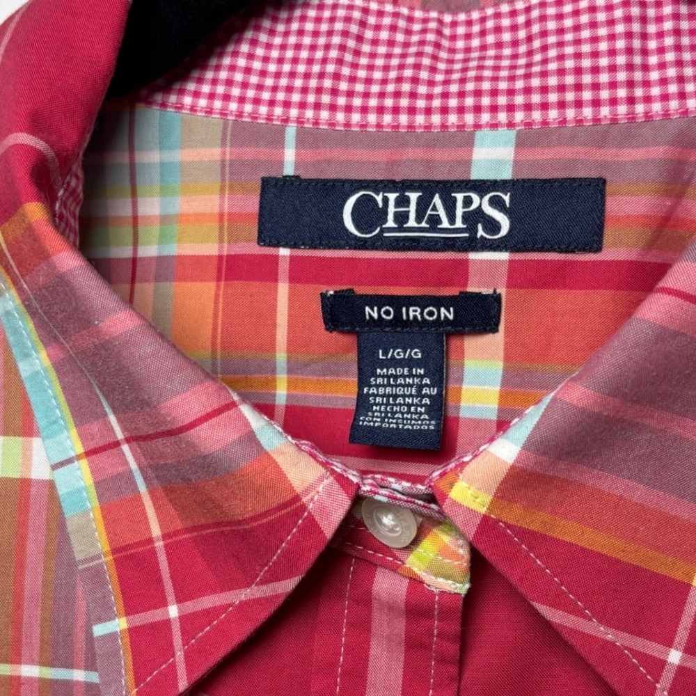CHAPS Women Y2K Plaid Button Down Shirt Sz Large No Iron pink Multi-color Cotton - Picture 3 of 5